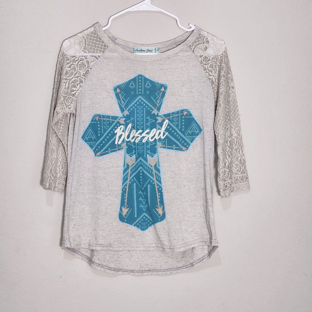 Southern Grace Blessed Cross Lace Sleeve Top Womens Small Christian Boho Tee